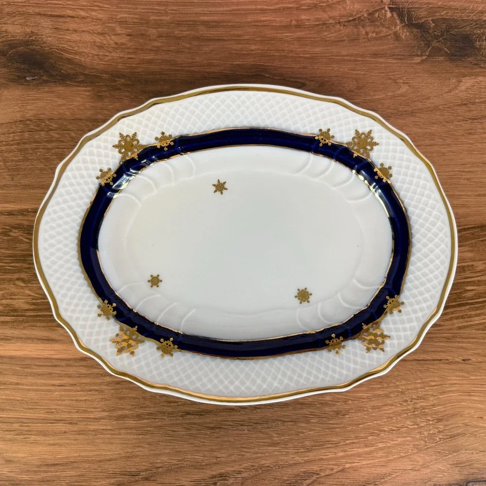 Vintage Hollóháza Hungary Porcelain Petite Oval Serving Plate Blue Gold Trim